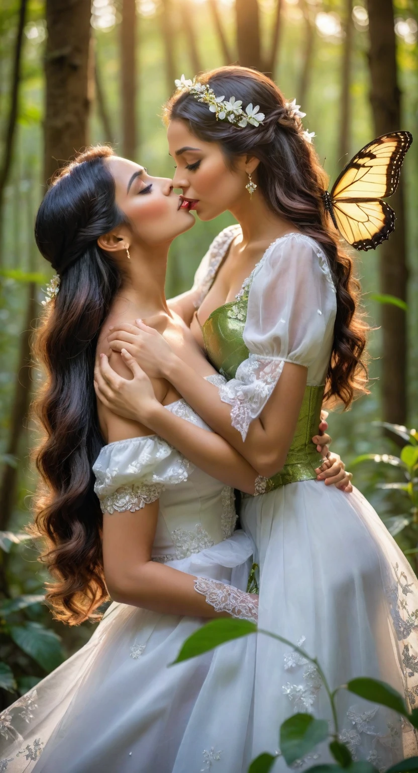 (detailed and intricate kiss, vibrant Colombian setting, blossoming flowers, warm sunlight, passionate embrace, flowing hair, sparkling eyes, joyful laughter, romantic atmosphere, traditional Colombian dress, traditional music, vibrant colors, cultural celebration, lively dance, enchanting scenery, captivating love story) (best quality, highres, HDR), (realistic,photorealistic:1.37), vivid colors, bokeh, studio lighting(best quality,4k,8k,highres,masterpiece:1.2),ultra-detailed,beautiful detailed lips,beautiful detailed eyes and face,extremely detailed eyes and face,long eyelashes,loving and passionate kiss,gentle lesbian kiss,excited Colombian girls,kiss of passion and love,tender moment,touch of love and desire,emotion and connection,beautiful girls in a forest,romantic atmosphere,soft lighting,pure love and intimacy,subtle colors and tones,emotionally charged moment,gentle caress of lips,sensual and delicate,affectionate embrace,magic in the air,intense bond between two women,whisper of love,blissful moment,serene and enchanting,flutter of butterfly wings,lush greenery surrounding them,budding flowers in the background,celebration of love and authenticity,natural beauty of the forest,soft breeze caressing their skin.