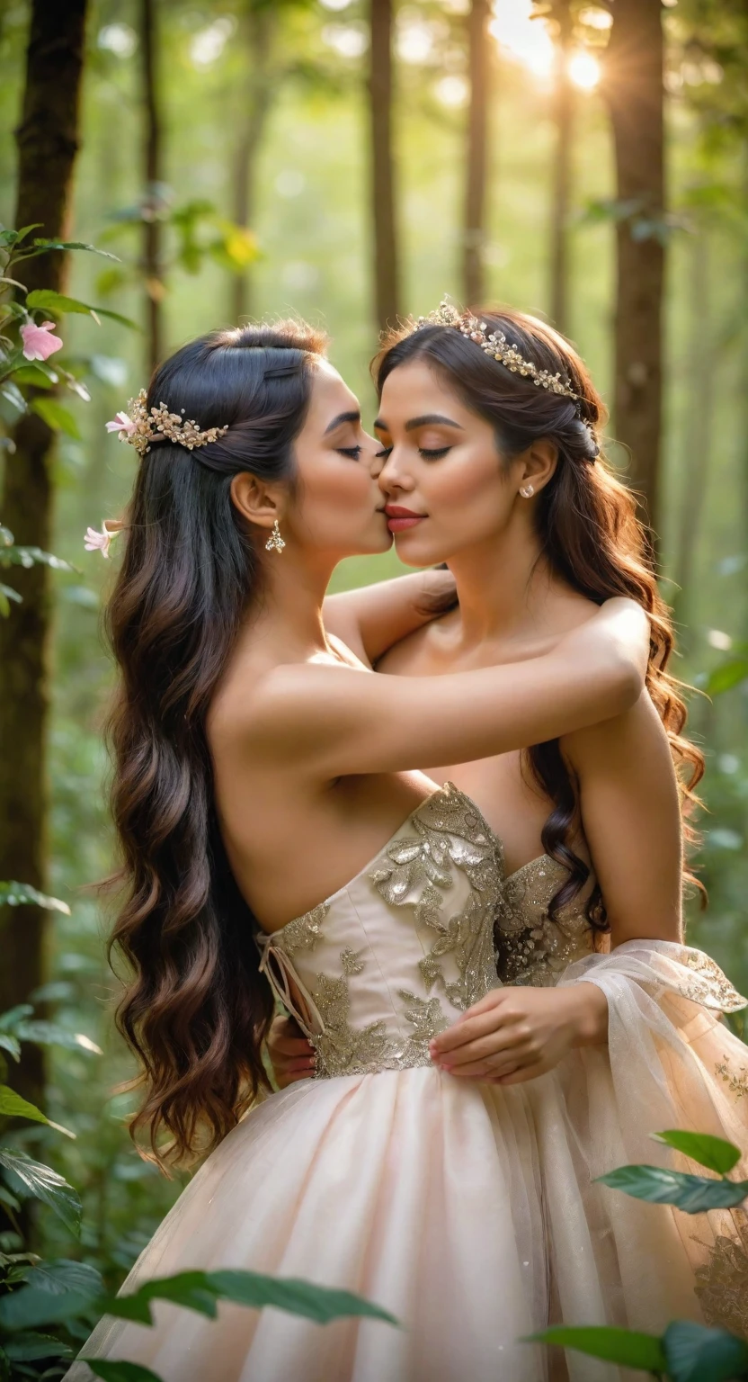 (detailed and intricate kiss, vibrant Colombian setting, blossoming flowers, warm sunlight, passionate embrace, flowing hair, sparkling eyes, joyful laughter, romantic atmosphere, traditional Colombian dress, traditional music, vibrant colors, cultural celebration, lively dance, enchanting scenery, captivating love story) (best quality, highres, HDR), (realistic,photorealistic:1.37), vivid colors, bokeh, studio lighting(best quality,4k,8k,highres,masterpiece:1.2),ultra-detailed,beautiful detailed lips,beautiful detailed eyes and face,extremely detailed eyes and face,long eyelashes,loving and passionate kiss,gentle lesbian kiss,excited Colombian girls,kiss of passion and love,tender moment,touch of love and desire,emotion and connection,beautiful girls in a forest,romantic atmosphere,soft lighting,pure love and intimacy,subtle colors and tones,emotionally charged moment,gentle caress of lips,sensual and delicate,affectionate embrace,magic in the air,intense bond between two women,whisper of love,blissful moment,serene and enchanting,flutter of butterfly wings,lush greenery surrounding them,budding flowers in the background,celebration of love and authenticity,natural beauty of the forest,soft breeze caressing their skin.