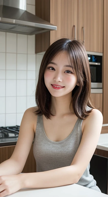 Tabletop, highest quality, shape, Very detailed, In detail, High resolution, 8k wallpaper, Perfect dynamic composition, Beautiful details, White tank top,Medium Hair, Center of chest, Natural color lip, Random,smile,Tower apartment,kitchen