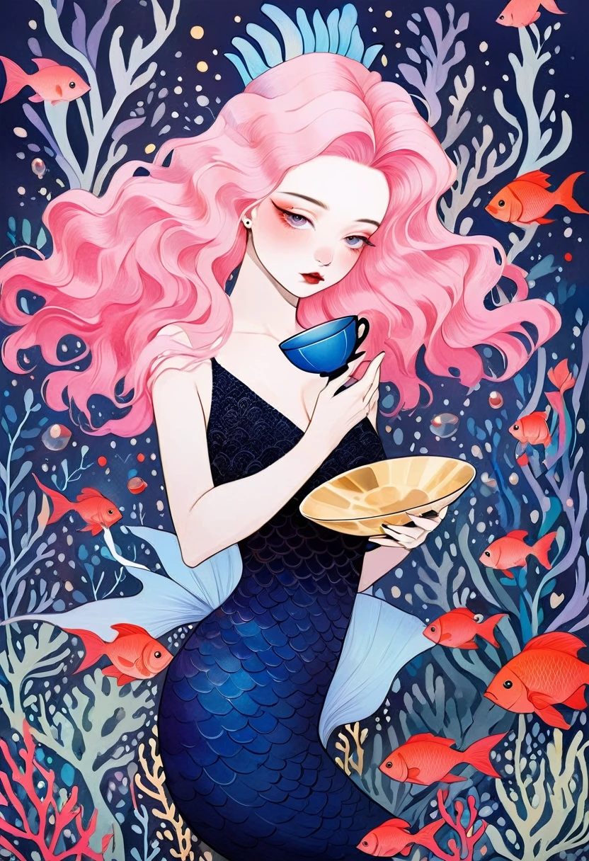 tarot card, chiaroscuro technique on sensual illustration of an queen of cup, Piercing Gaze, vintage queen, eerie, matte painting, by Hannah Dale, by Harumi Hironaka, extremely soft colors, hint of navy, highly detailed, digital artwork, high contrast, dramatic, refined, tonal, highest quality,anatomy correct,ultra-wide-angle,depth of fields, In the background, paint a panorama of coral reefs, swaying sea plants, and exotic marine life, creating a vibrant tapestry of color and movement that surrounds the mermaid in her watery domain.