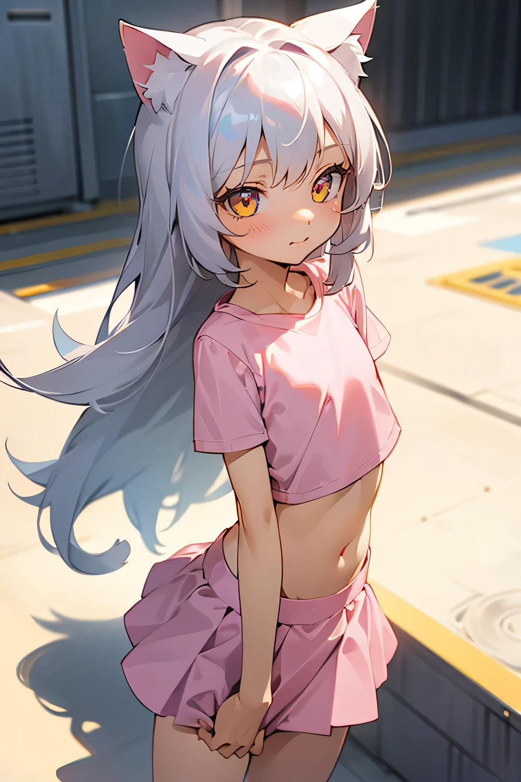 1girl, silver hair, golden eyes with pupils, ((skinny)), ((ite)), short, small, ((neko)), (cropped solid pastel pink tshirt), long hair, short skirt, (((kid, cat ears, happy, blush, flat chest, midriff, at school, tummy