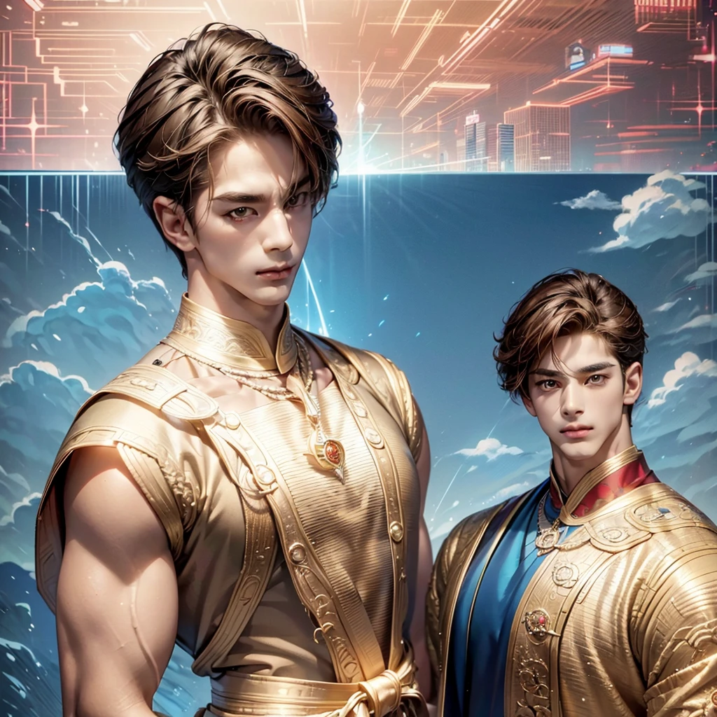 A kinda very 80s vaporwave anime style very appealing looking attractive young handsome goodlooking kinda strong muscular young Korean guy with very model like looks chiseled very sculpted kinda angledsculptures looks appearance with very quie Hazel or light brown eyes with naturally red brown hair  in hanboks a somewhat retro and kinda very  really ulzzang-kawaii trendy hipster look and style with a traditional 1970s-1980s Seoul type neighborhood as backdrop"