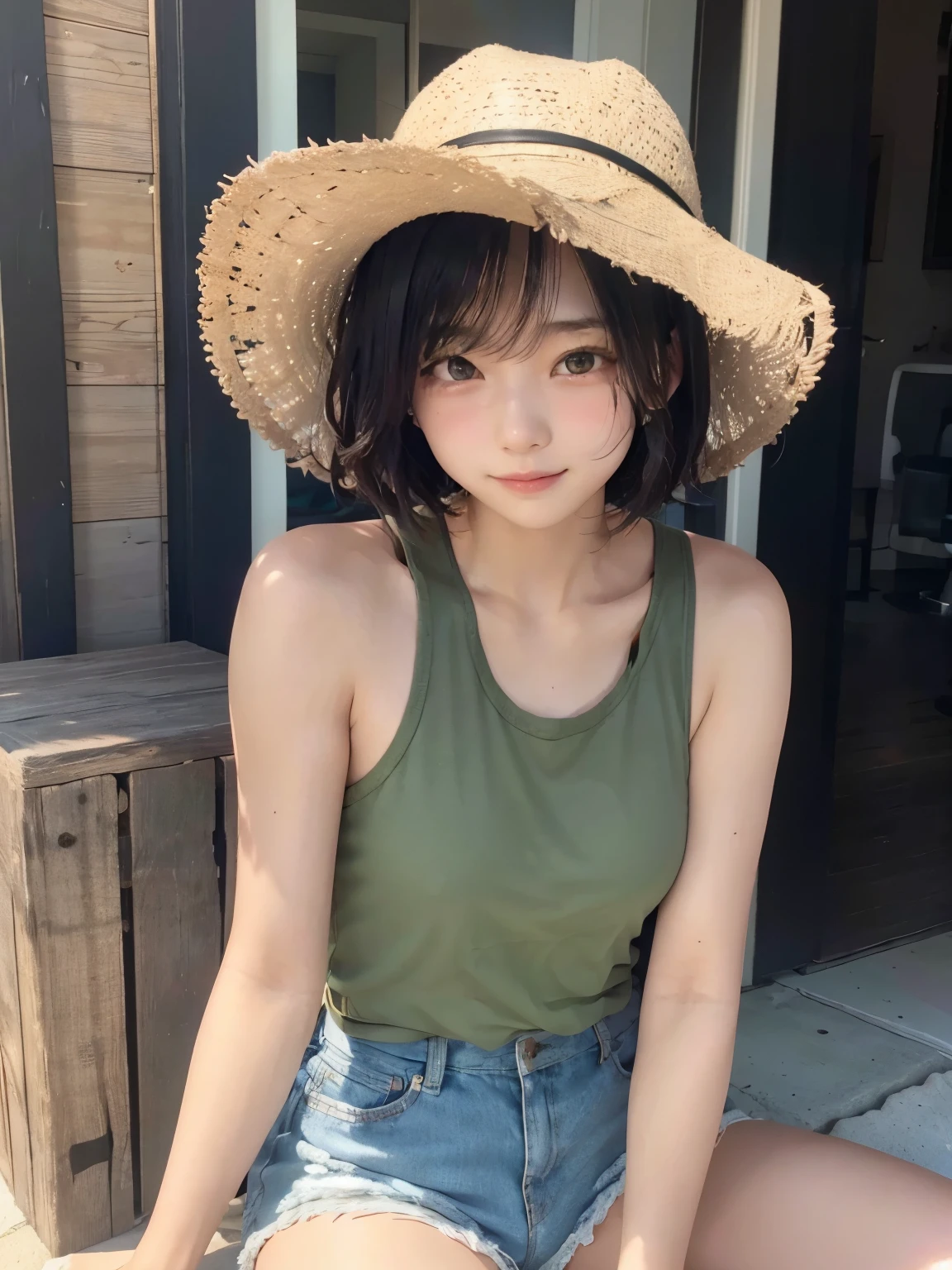 Tank top、Beauty、Short Bob、Disheveled hair、Shorts、sit