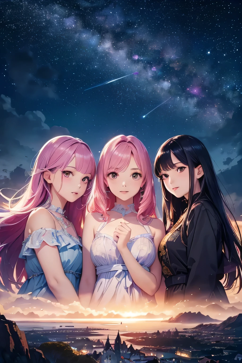 highest quality、High resolution、Detailed Background、(Beautiful face in every detail:1.4)、(Highly detailed face:1.4)、Brightly colored hair、A cute dress with minimal exposure、Spectacular natural scenery、Three beautiful girls against the backdrop of a large number of comets floating in the night sky