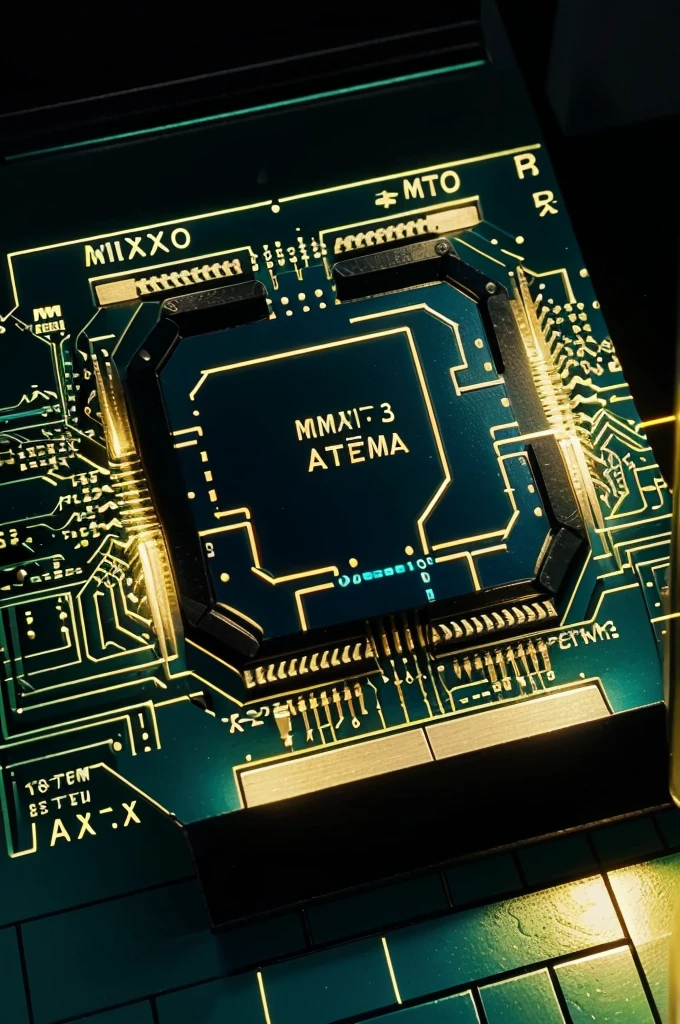 Draw an illustration of an ATMEGA328 microprocessor on a printed circuit, mostrando os fluxos de dados como raios luminosos saindo dele no sentido da placa. Deve priorizar os tons azul e verde, com os raios entre amarelos e alaranjado.