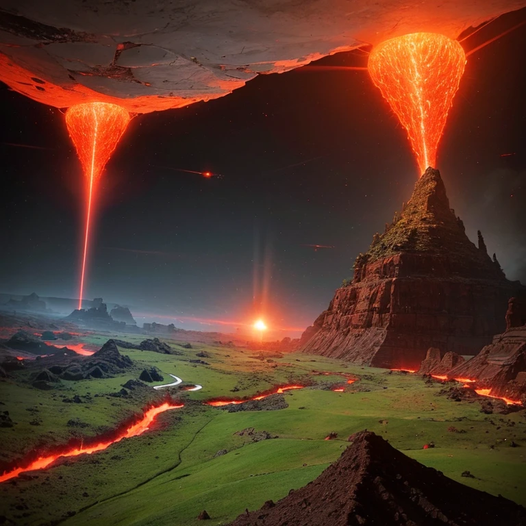 cybernetic earth with a red light inside, mechanized earth crust, the earth sprouts lava, earth's red mantle is visible, hollow earth, vtm, canyons and ridges all across earth, the whole world is on fire ablaze
