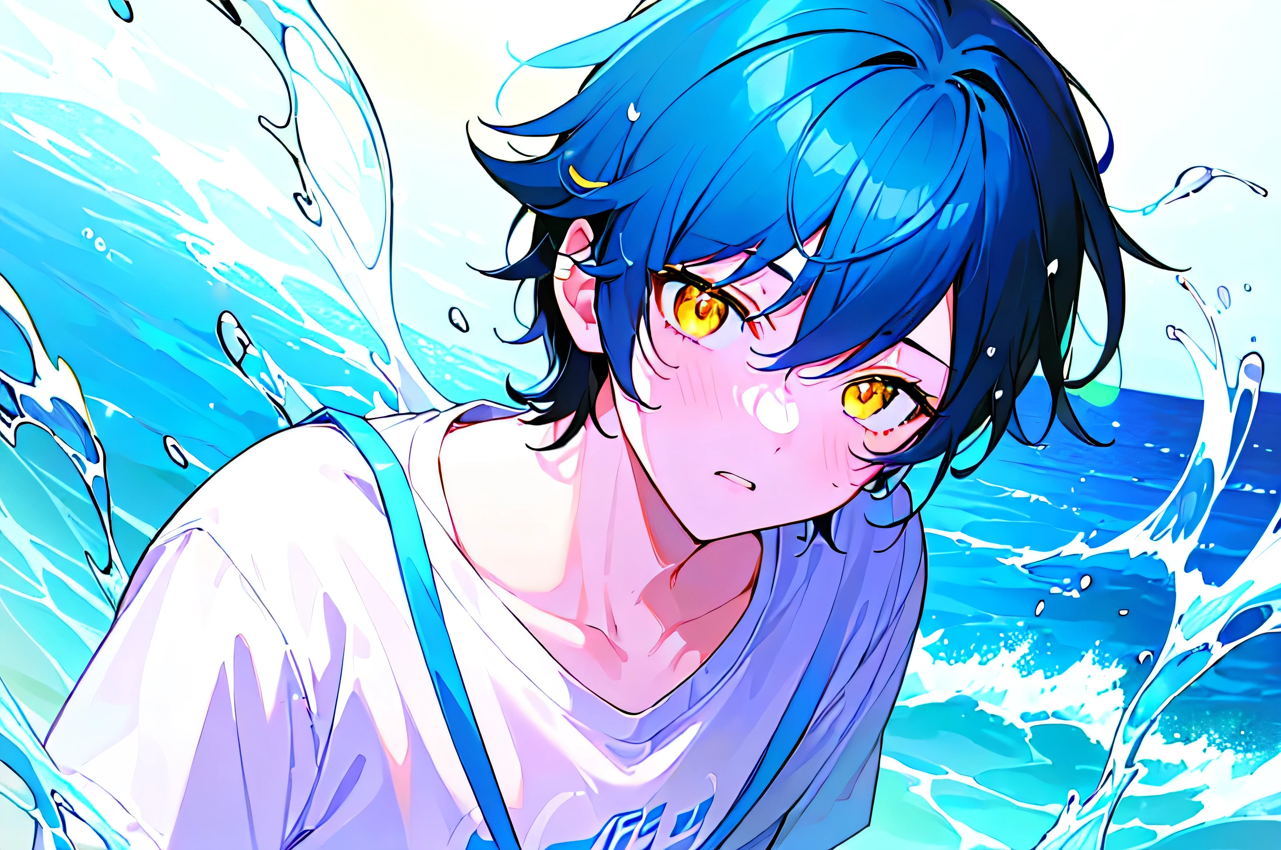 [(WHITE BACKGROUND:1.5),::5], ((((masterpiece)))), high quality, very_high_resolution, large_filesize, upper body, full color, ((younger boy)), , short deepblue hair, vivid color, ((yellow eye)), Summer clothes white, animestyle, (NeonSoda Splash effect:1.3)
