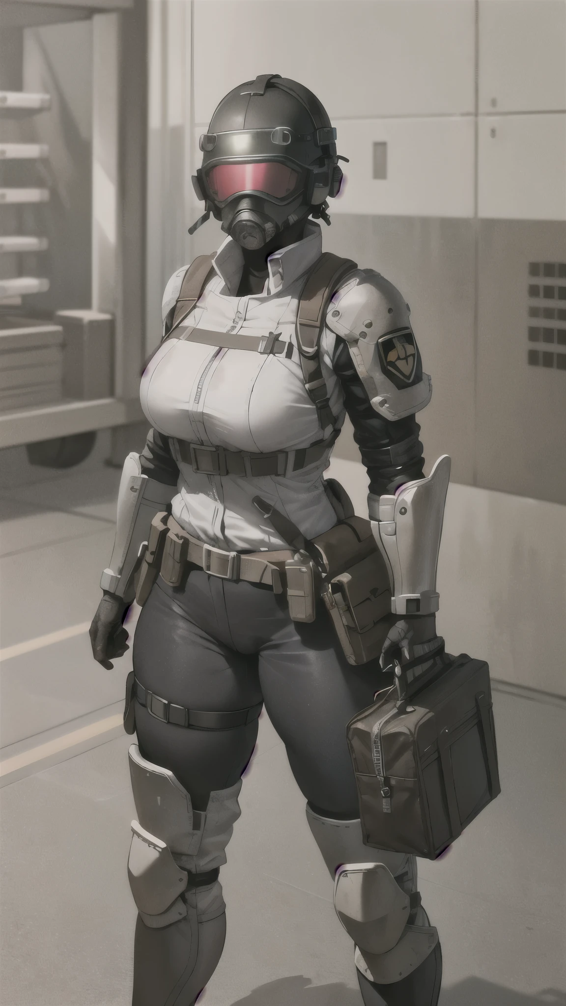 combine soldier, 1girl, solo, standing, helmet, gloves, looking at viewer, facing viewer, military, science fiction, jumpsuit, bulletproof vest, breasts, wide hips, skintight, combat boots, coat around waist, mechanic girl, holding shotgun, holster, chest rig, ammo pouches, satchel, toolbelt, vest collar, body armor, shoulder pads, thigh pads, kneepads, armor, high quality shadows, glowing eyes, straps, shotgun shells, menacing, thick thighs, riot gear, riot helmet, bullet proof visor, padded armor, viewing side, helmet accessories, accessories,