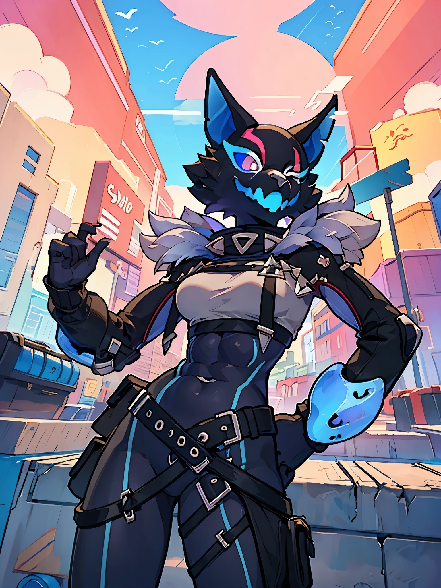 Highwire, furry, female, Closed left eye, Abs, Helmet, right hand,