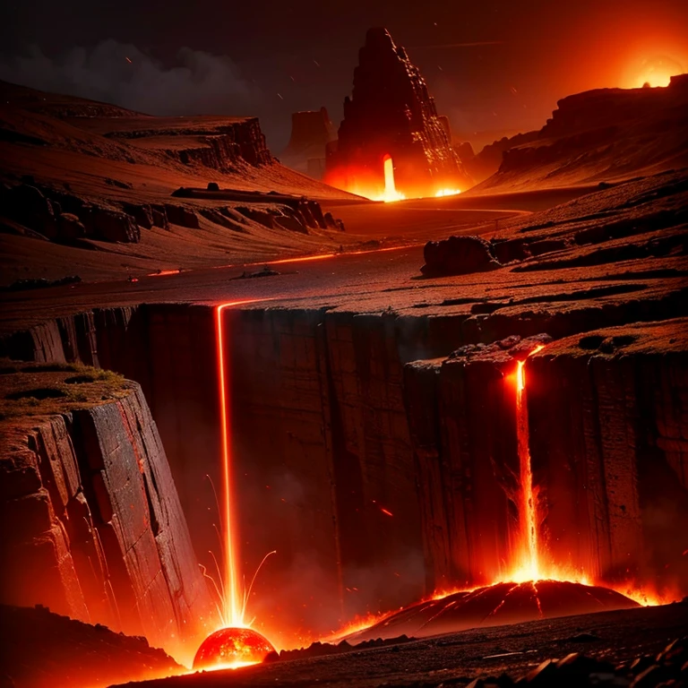 cybernetic earth with a red light inside, mechanized earth crust, the earth sprouts lava, earth's red mantle is visible, hollow earth, vtm, canyons and ridges all across earth, the whole world is on fire ablaze