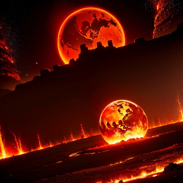 cybernetic earth with a red light inside, mechanized earth crust, the earth sprouts lava, earth's red mantle is visible, hollow earth, vtm, canyons and ridges all across earth, the whole world is on fire ablaze