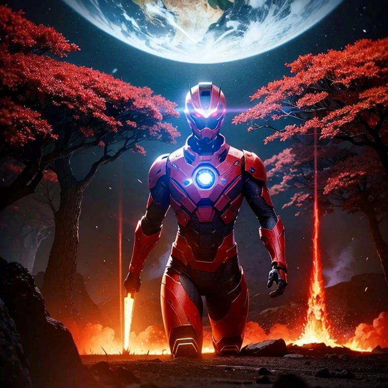 cybernetic earth with a red light inside, mechanized earth crust, the earth sprouts lava, earth's red mantle is visible, hollow earth, vtm, canyons and ridges all across earth, the whole world is on fire ablaze