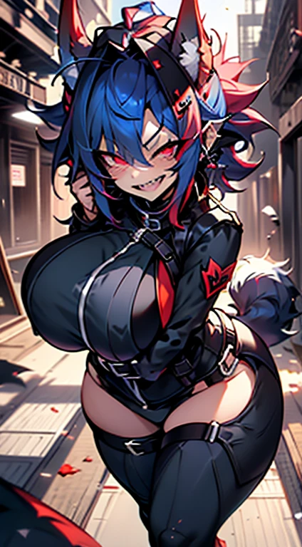 1girl, short_rebellious_hairblue_hair, hair tips to the side, scary_eyes, short_hair, Mouth_open_teeth_sharp_fangs, Evil smile_sharp_wild teeth, black_iris, scarlet_red_pupil, black, sclera, soulless_black_eyes, looking_at_vi ewer, holding, shirt, pant, animal_ears, blue_ ears, wolf_woman, blue_tail, body_perfect, Milf_body, female_body_muscular, big_breasts, scar on thighs, scar_on_the abdomen,vampire slayer_outfit