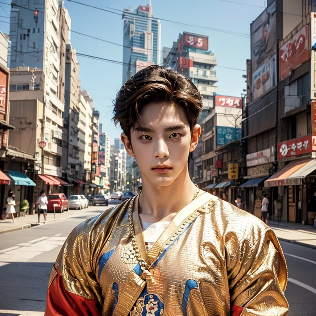 A kinda very 80s vaporwave anime style very appealing looking attractive young handsome goodlooking kinda strong muscular young Korean guy with very model like looks chiseled very sculpted kinda angledsculptures looks appearance with very Hazel or light brown eyes with naturally red brown hair a somewhat retro and kinda very ulzzang-kawaii trendy hipster look and style with a traditional 1970s-1980s Seoul type neighborhood as backdrop"