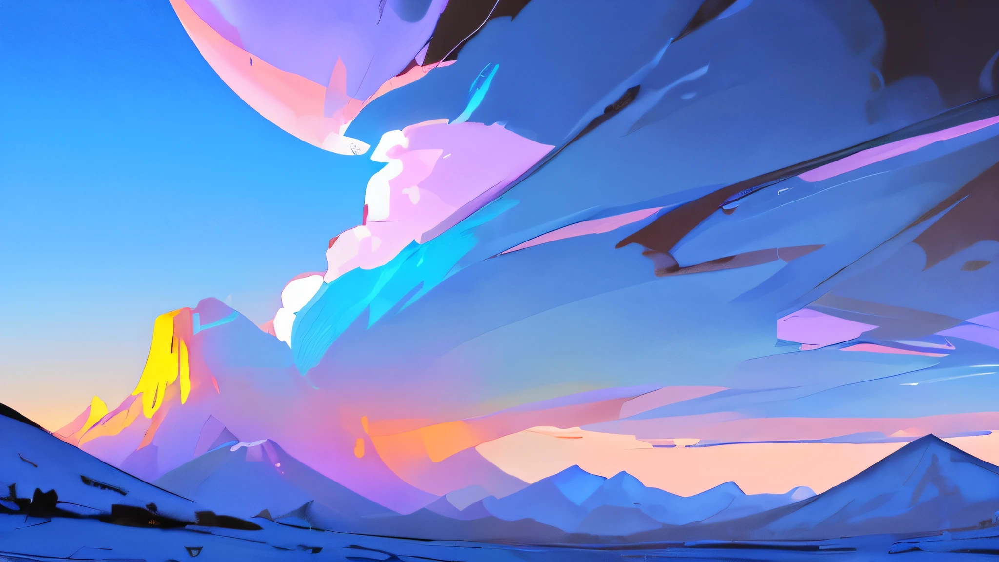 digital painting of a desert background full of snow, its white with some blue and purlple in colors, its all alone, (((nuclear explotion behind some mountains 3.0))))