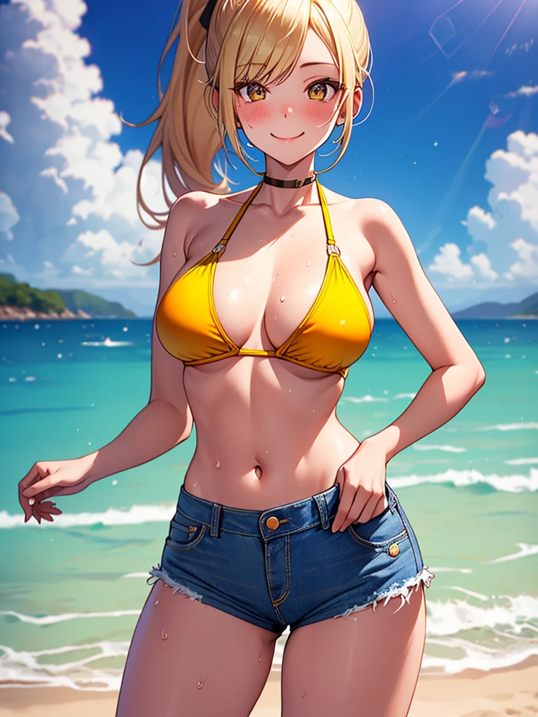 (highest quality, High resolution, perfect pixel, Depth of bounds written, 4K), (from front), beach, detailed eyes, (1 lady), tall, (skinny body:1.2) , (thin thighs:1.2), (Narrow hips), large breasts, blond hair, (ponytail:1.2), (denim short pants yellow bikini:1.2), (unbutton:1.2), (cross halter bikini), (rio cut pants), (panty strap:1.2), (standing), left Hand on Hip, (light smile), blush, sweat,