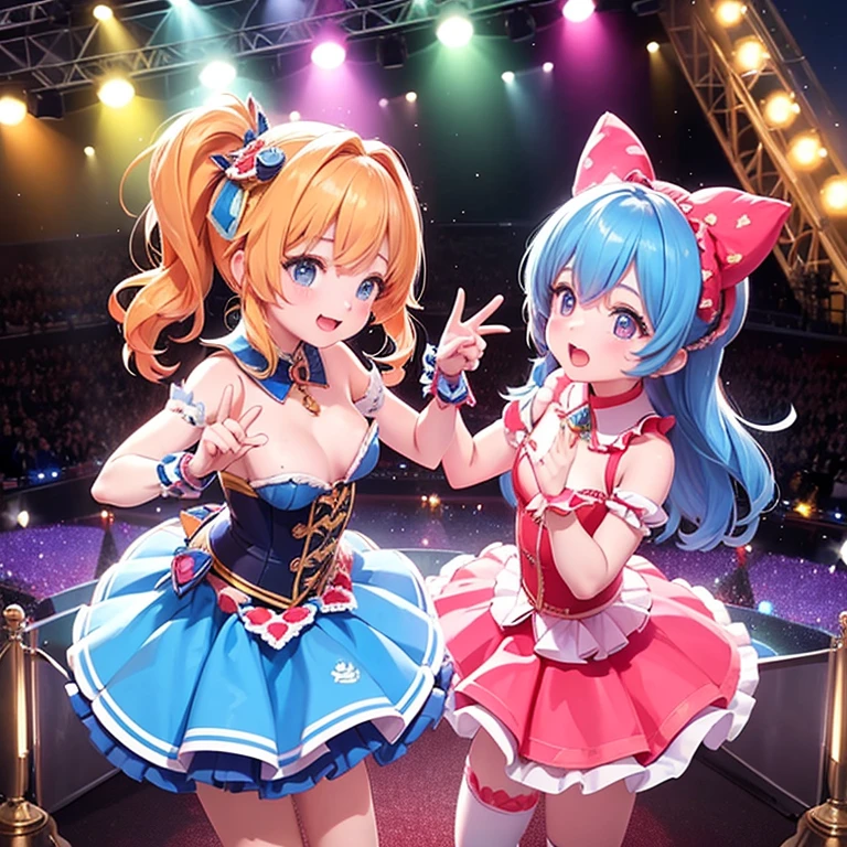 high details, high quality, high-definition32K, Idol Stage.Two Women,18-year-old,Beautiful breasts,Colorful light,Spotlight,microphone,music,performance,Gorgeous,Energetic,pop,cute,Costume,Live feeling,audience,confidence,