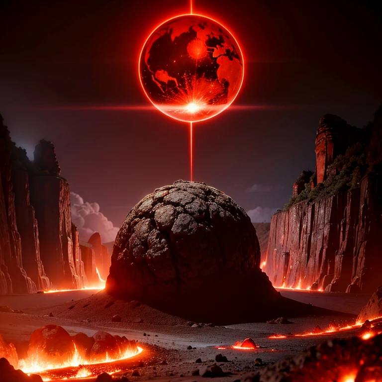 cybernetic earth with a red light inside, mechanized earth crust, the earth sprouts lava, earth's red mantle is visible, hollow earth, vtm, canyons and ridges all across earth, the whole world is on fire ablaze
