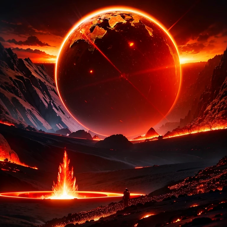 cybernetic earth with a red light inside, mechanized earth crust, the earth sprouts lava, earth's red mantle is visible, hollow earth, vtm, canyons and ridges all across earth, the whole world is on fire ablaze
