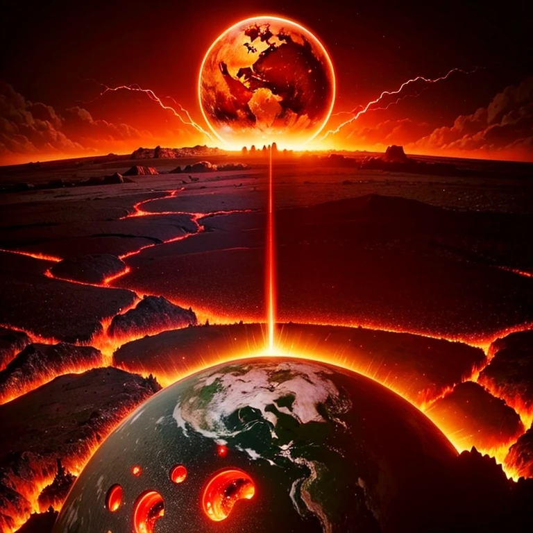 cybernetic earth with a red light inside, mechanized earth crust, the earth sprouts lava, earth's red mantle is visible, hollow earth, vtm, canyons and ridges all across earth, the whole world is on fire ablaze
