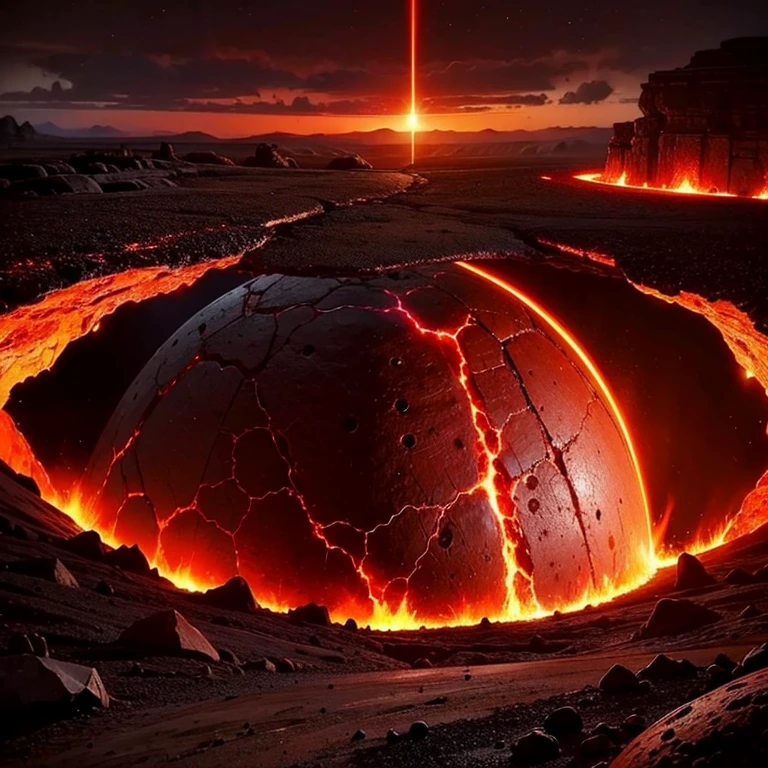 cybernetic earth with a red light inside, mechanized earth crust, the earth sprouts lava, earth's red mantle is visible, hollow earth, vtm, canyons and ridges all across earth, the whole world is on fire ablaze