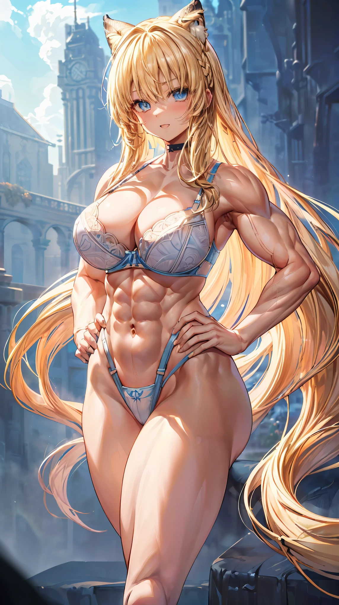 Very detailed、highest quality、Best image quality、masterpiece、8k、Anime Face、A kind smile、(Open your mouth:1.3)、Sparkling blue eyes、(Blonde semi-long hair:1.5)、(Muscles of the whole body:1.3)、(highleg:2.0)、Thigh belt、(Cowboy Shot:1.5)、(SFW Giant)、(Thick body:1.2)、(bra:1.5)、(sxspnts)、(Hands on hips:1.1)