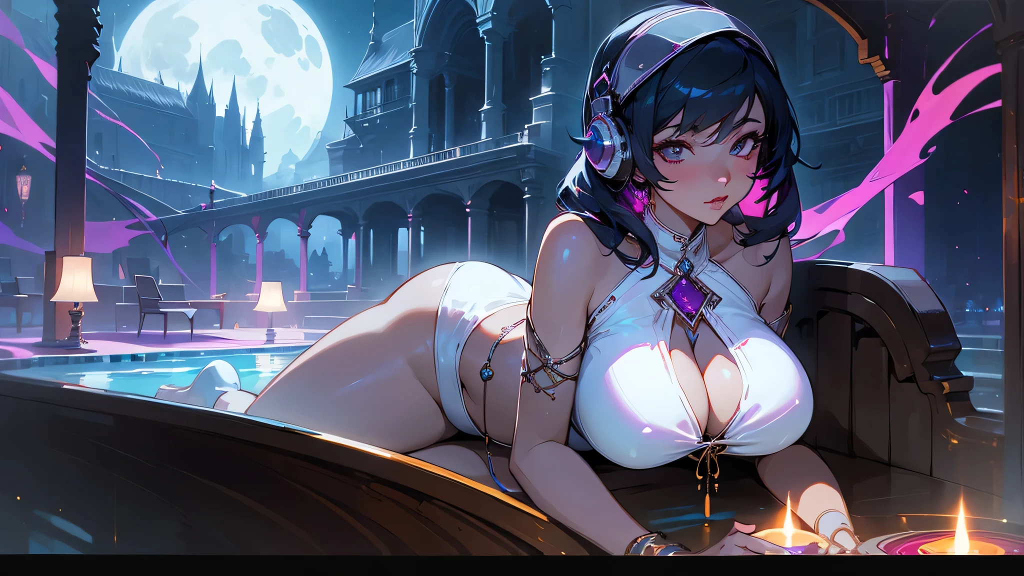 A woman wearing a white bikini and headphones、A beautiful night view behind、Big Breasts、sexy、Indoor pool with a night view、Moonlight、Unbuttoned、Downlight、full moon、Stylish interior、Ruby Eye、Woman lying on a vinyl boat