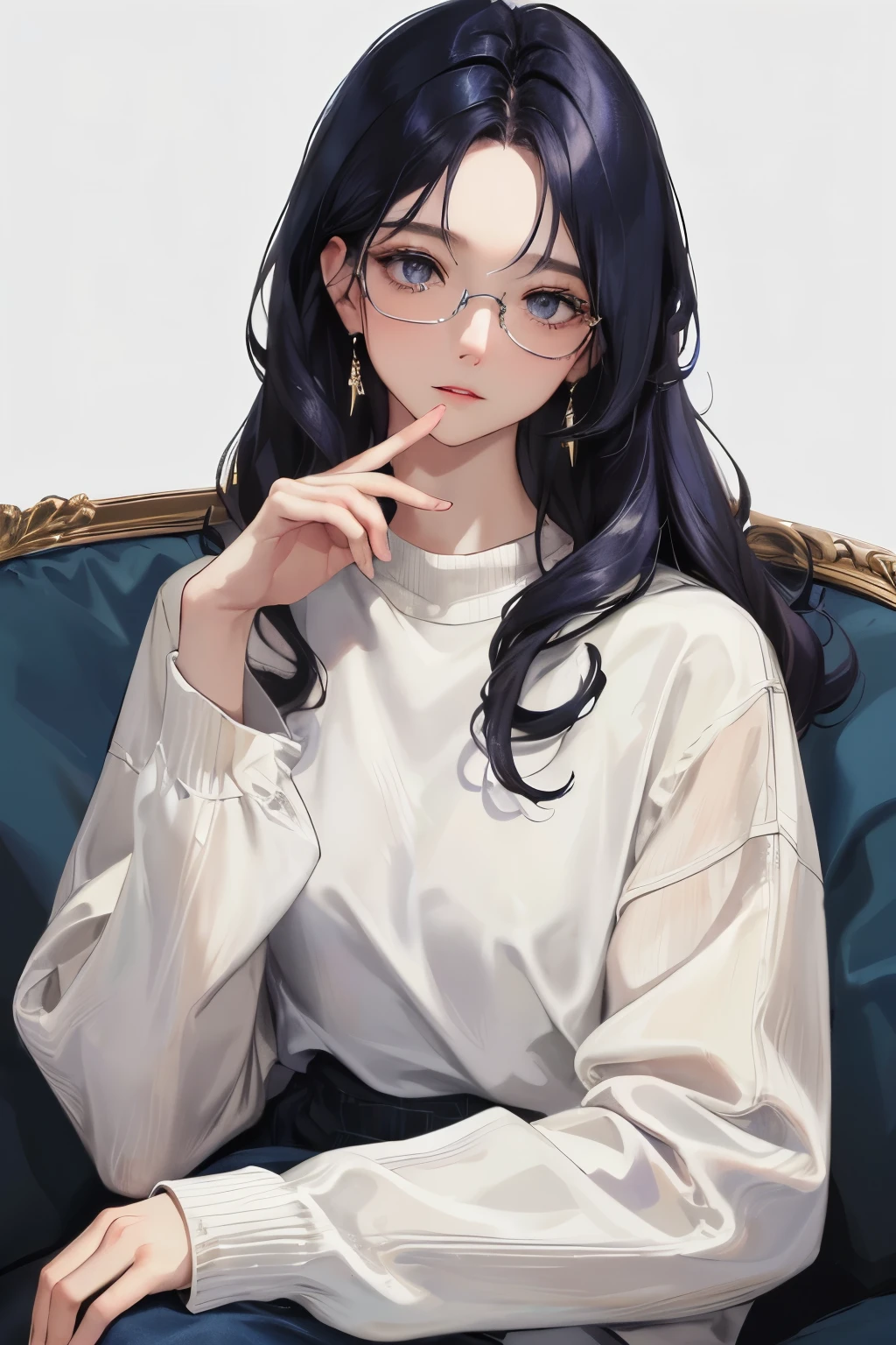 (Top resolution、Distinct_image)top-quality、femele、masterpiece、ighly detailed、Semi-realistic、dark blue hair、Dark hair、grey eyes、bangss、21years old、Mature、young、comfy clothes、Exquisite facial features、Facial features, curly hair, glasses, white background, tan skin