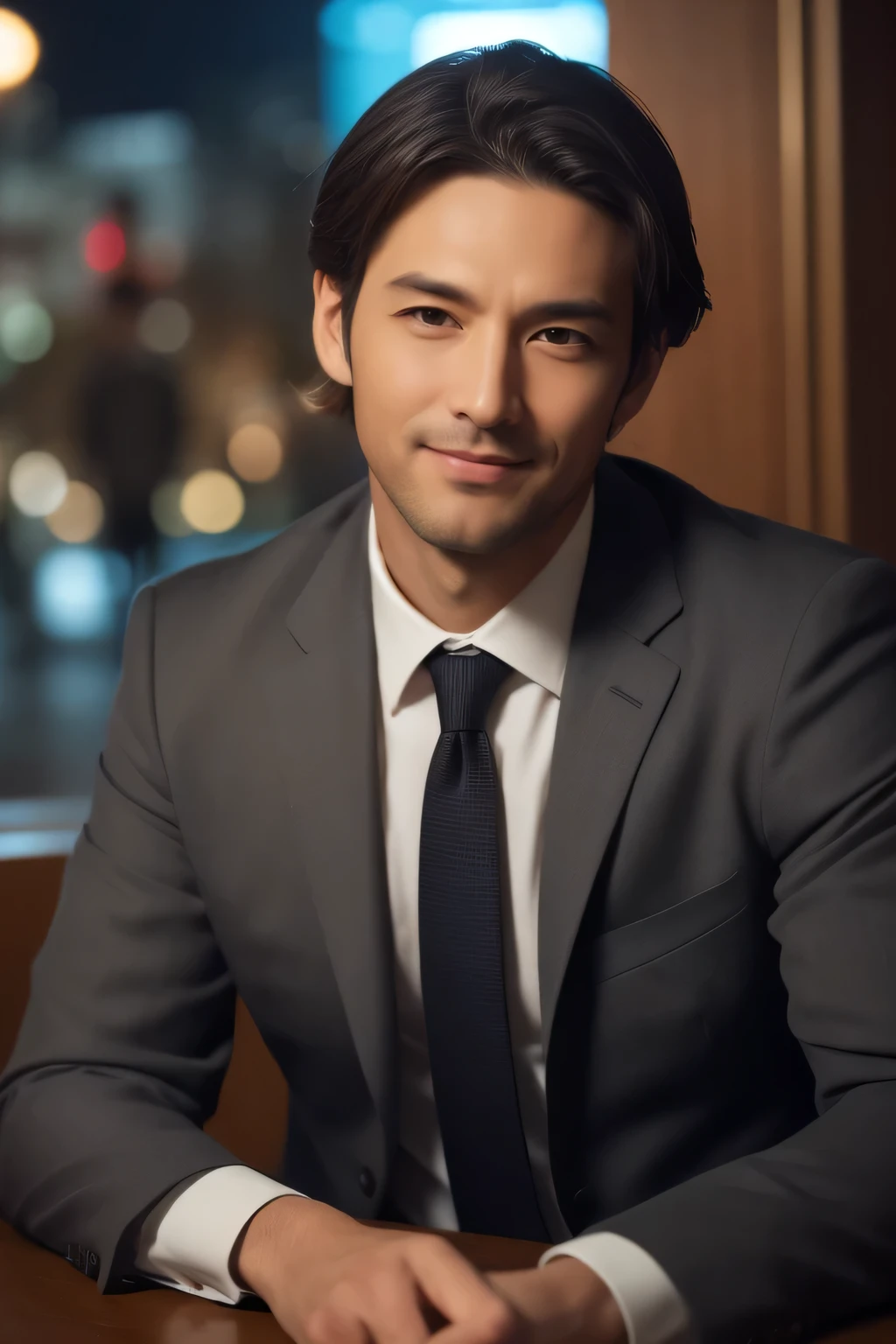 masterpiece, highest quality, Realistic, Asian,1 person, Mature Men, A quiet and attractive young man, 40 years old, Close ~ eyes, Serious expression, Highly detailed face, ((Dark grey eyes)), ((Short dark brown hair swept to the right)), [Thick eyebrows], Detective, city, ((suit)), Cinema Lighting, Looking at the audience, Postural dynamics, Grin