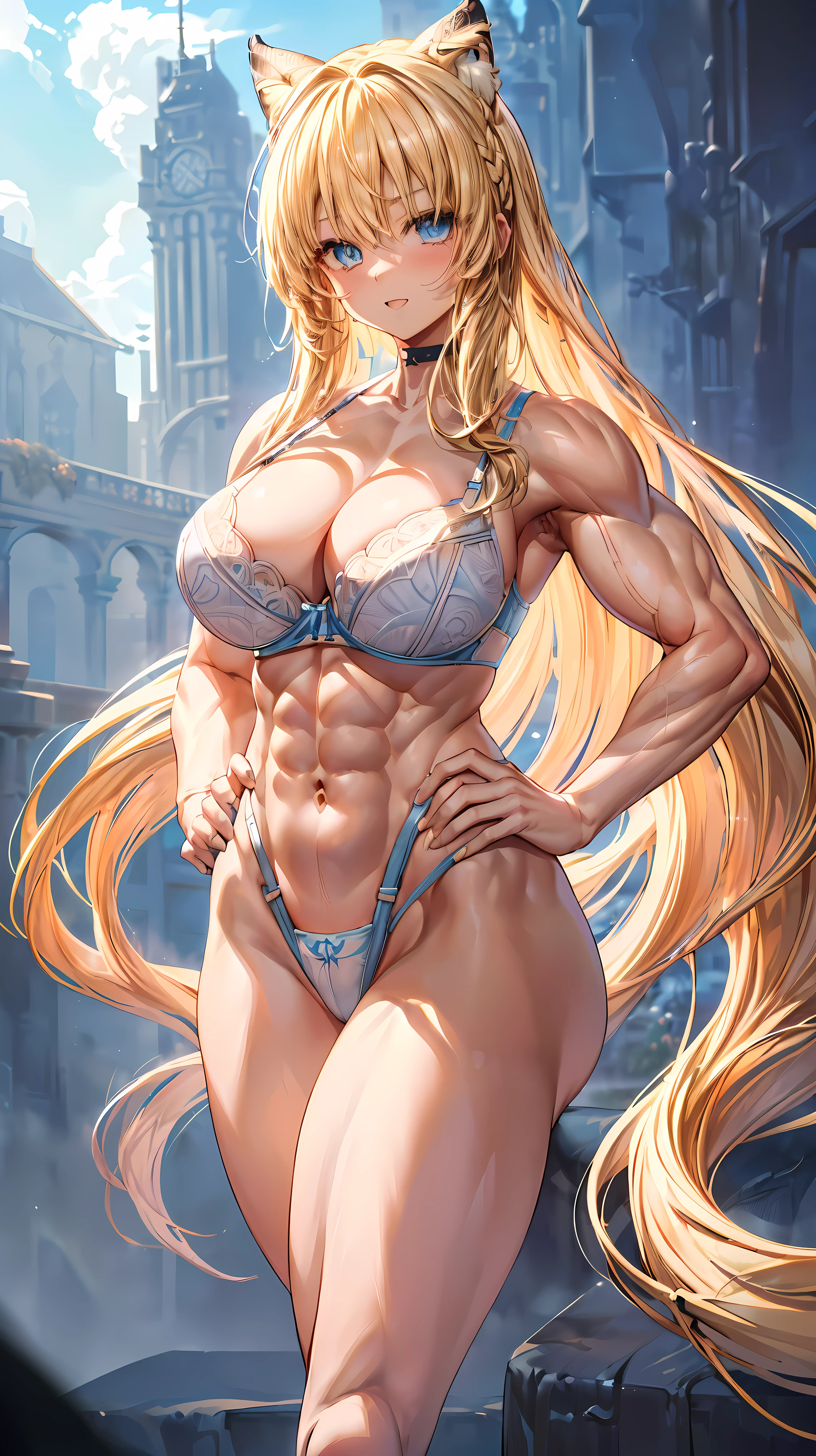 Very detailed、highest quality、Best image quality、masterpiece、8k、Anime Face、A kind smile、(Open your mouth:1.3)、Sparkling blue eyes、(Blonde semi-long hair:1.5)、(Muscles of the whole body:1.3)、(highleg:2.0)、Thigh belt、(Cowboy Shot:1.5)、(SFW Giant)、(Thick body:1.2)、(bra:1.5)、(sxspnts)、(Hands on hips:1.1)