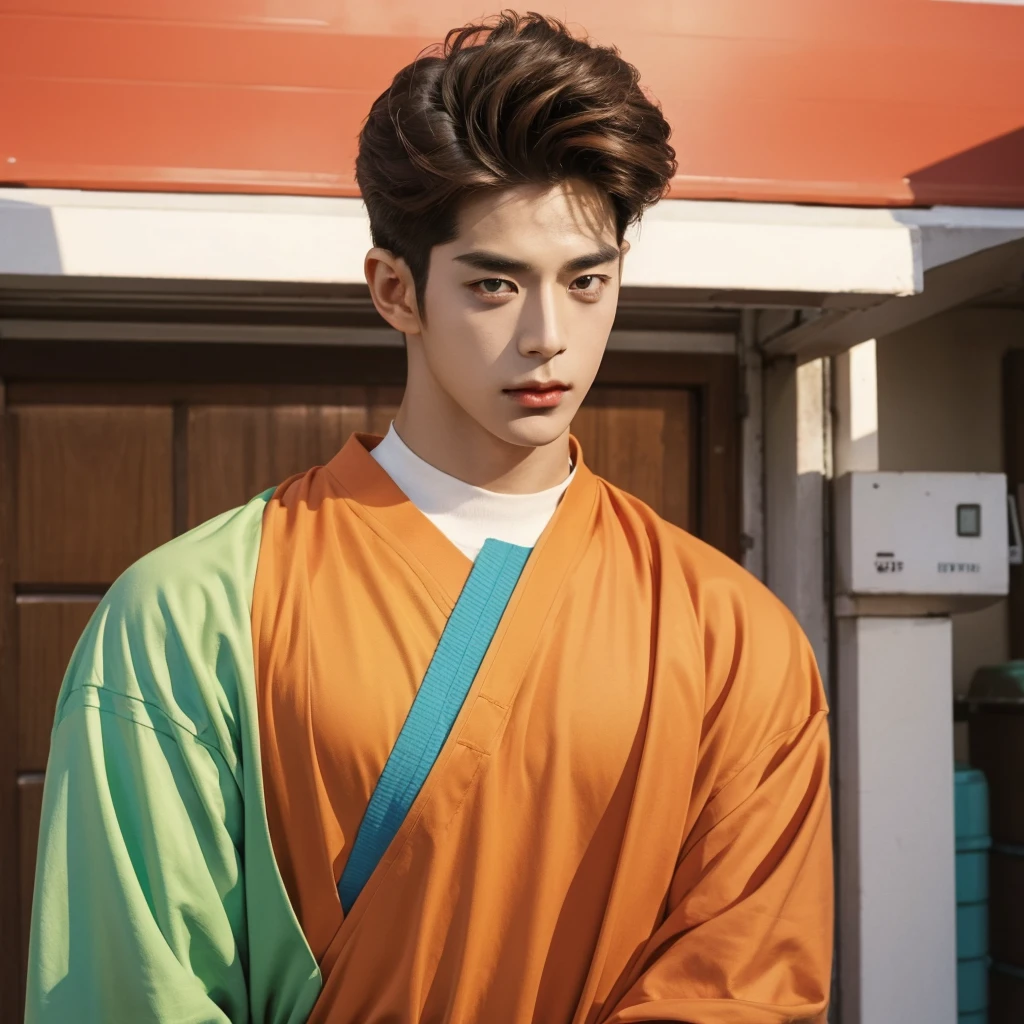 A kinda very 80s vaporwave anime style very appealing looking attractive young handsome goodlooking kinda strong muscular young Korean guy with very model like looks chiseled very sculpted kinda angledsculptures looks appearance with very Hazel or light brown eyes with naturally red brown hair a somewhat retro and kinda very ulzzang-kawaii trendy hipster look and style with a traditional 1970s-1980s Seoul type neighborhood as backdrop"