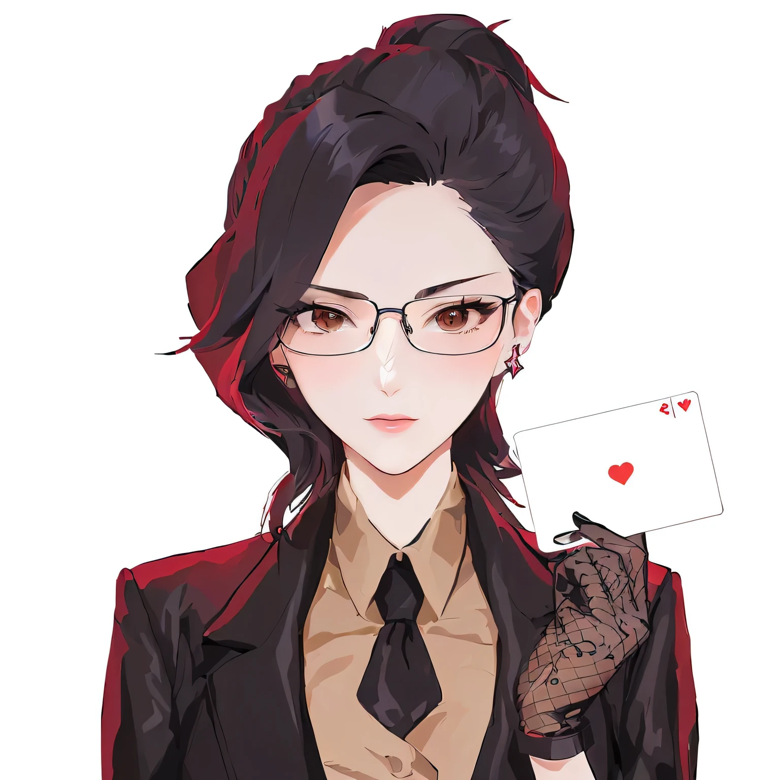 Cartoon style image of a woman holding playing cards and gloves, anya from spy x, Haruma Yayoi, hints of Haruma Yayoi, Junko Ejima, Tonosaka Rin, Female magician, Maya Fei in Ace Attorney, Actress 👀 :8, Beichuan Ma Lin fan art, Keda, Official character illustrations