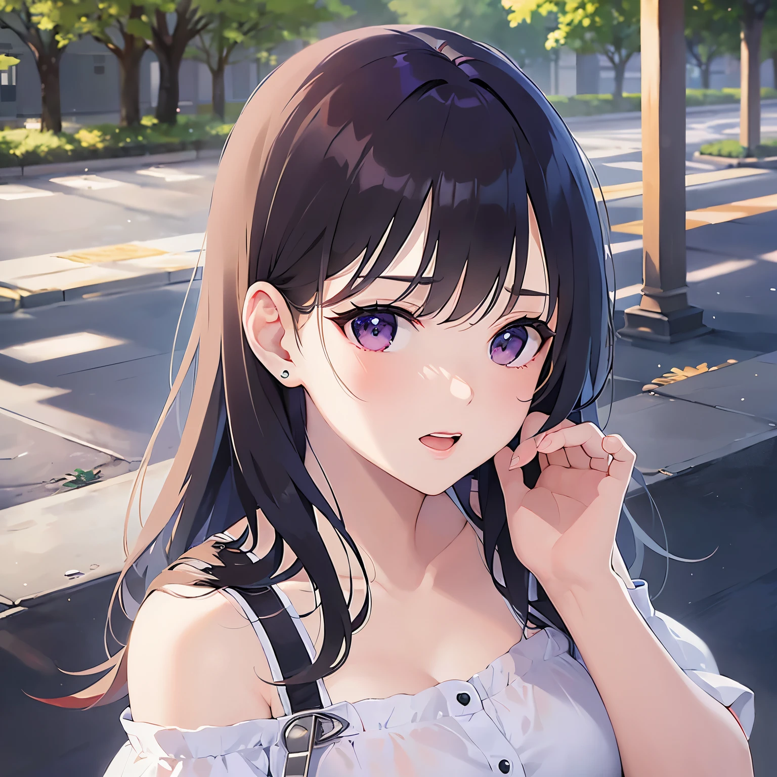 Placing hand on face, Biologically correct five fingers、looking up, upper body, Realistic, real person, (pale skin: 1.2), (RAW photo:1.5), photorealistic, shiny skin, shiny hair、(A 25-year-old woman with straight hair and bangs) and (medium hair) and (black hair) and (purple eyes), White off-shoulder blouse, (embarrassed, blush:1.2), open mouth, The background is a park、alone、Are standing