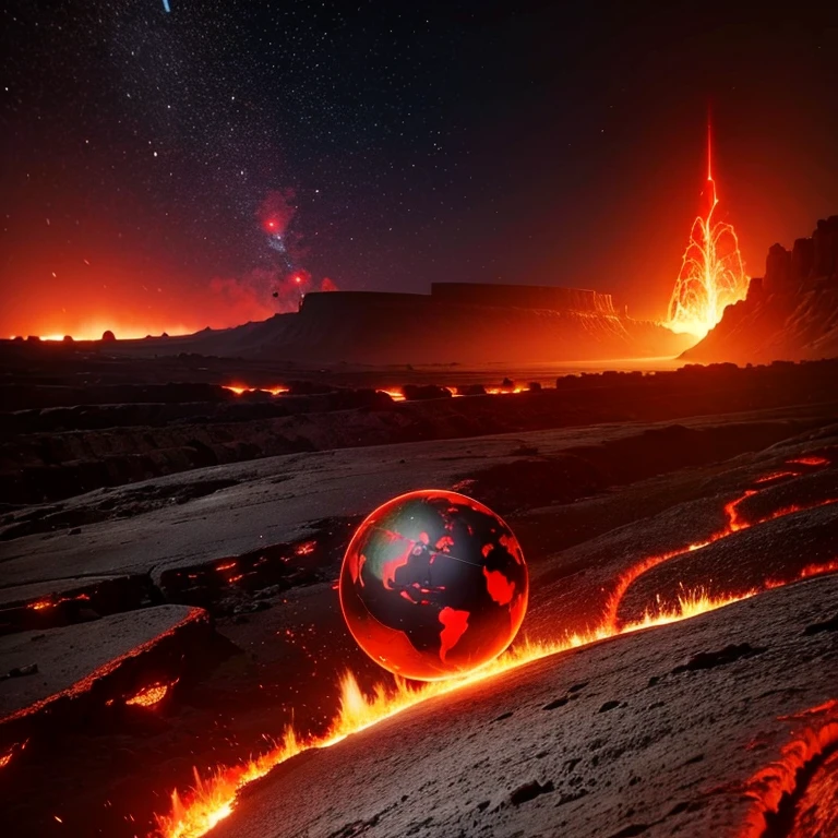 cybernetic earth with a red light inside, mechanized earth crust, the earth sprouts lava, earth's red mantle is visible, hollow earth, vtm, canyons and ridges all across earth, the whole world is on fire ablaze