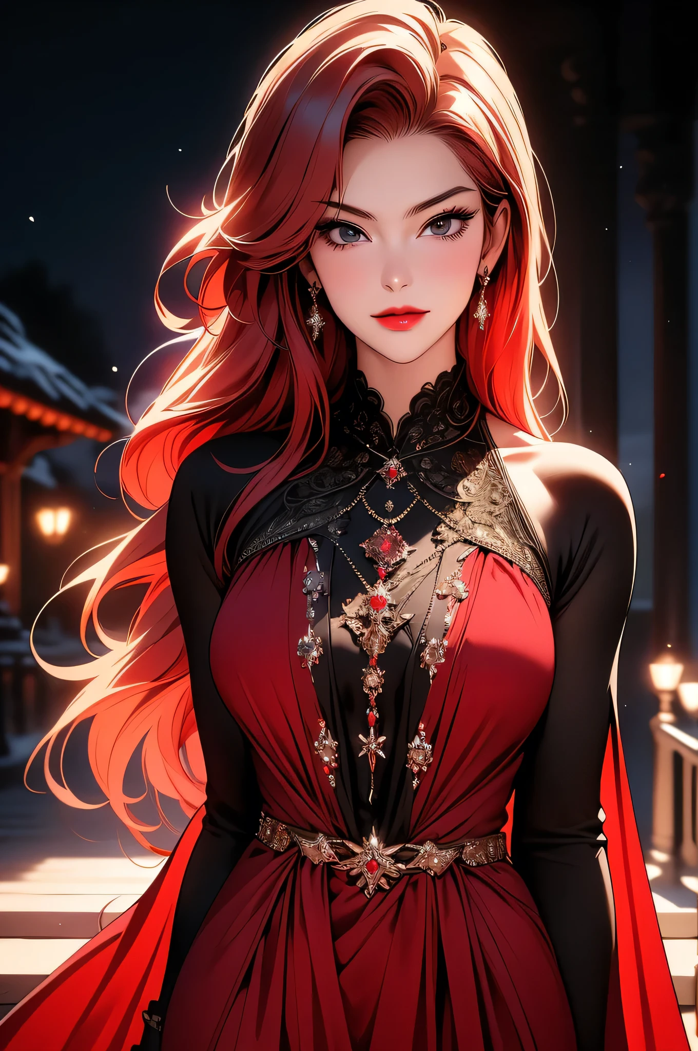 (Masterpiece - Ultra-Detailed, High Resolution) ((vivid red hair)), mature woman, 30 years old, diamond face, red starry sky background, depth of field, magic, big red lips, ((dark and black eyes)) black and red long and full dress, covered chest, mystical atmosphere, ominous shadows, Intense blue aura, Intense red aura (best quality:1.2), absurdres, intricate details, (highly detailed skin:1.2), smile expression, posing, taut and well defined body, attractive. Highly realistic, white skin, beautiful, hyperrealism, skin very elaborated, direct gaze

