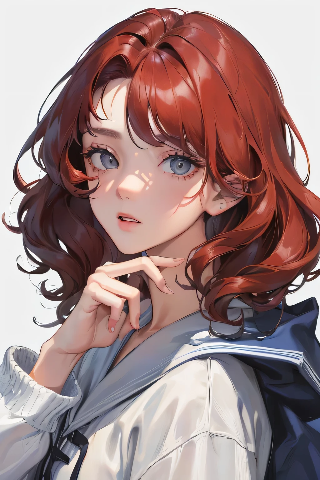 (Top resolution、Distinct_image)top-quality、femele、masterpiece、ighly detailed、Semi-realistic、dark blue hair、Dark hair、grey eyes、bangs、21years old、College student、young、comfy clothes、Exquisite facial features、Facial features, curly hair, red hair, white background, tan skin