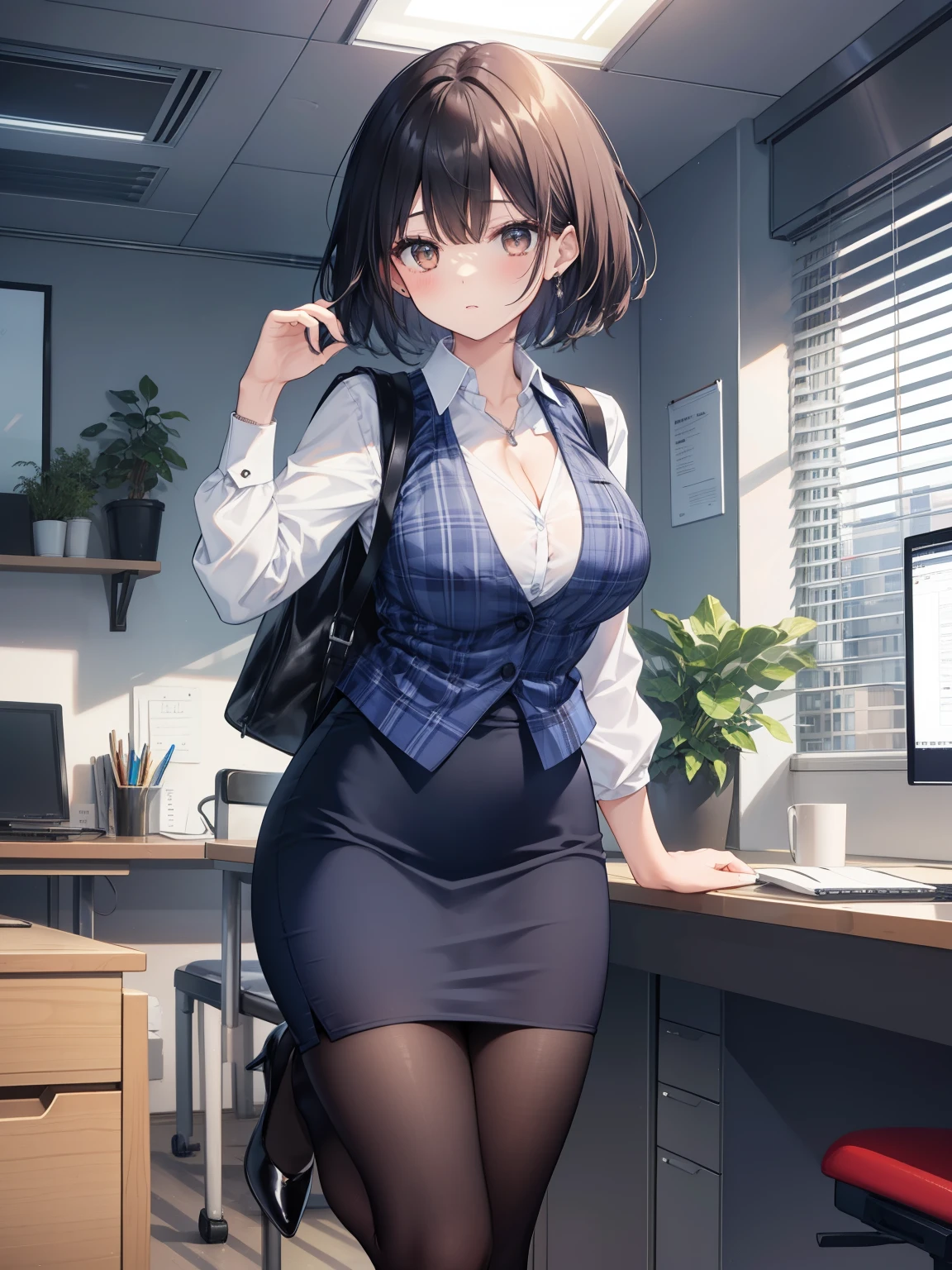 highest quality, Flying debris、Beautiful woman、officeレディー、Black Hair、(Brown eyes、Big Breasts)、short hair、チェック柄のダークブルーのofficeスーツ)、new employee,Full Body Shot、Female office lady、break(Dark blue checked vest、White dress shirt、Navy blue long tight pencil skirt:1.2)、(black tights、High heels)、break(office:1.3)、Cleavage、Unbutton your shirt