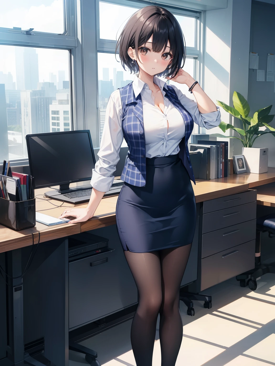 highest quality, Flying debris、Beautiful woman、officeレディー、Black Hair、(Brown eyes、Big Breasts)、short hair、チェック柄のダークブルーのofficeスーツ)、new employee,Full Body Shot、Female office lady、break(Dark blue checked vest、White dress shirt、Navy blue mini tight pencil skirt:1.2)、(Black knee-high、Absolute area、High heels)、break(office:1.3)、Cleavage、Unbutton your shirt、blush、Embarrassed、Troubled face、The skirt is torn、Standing posture