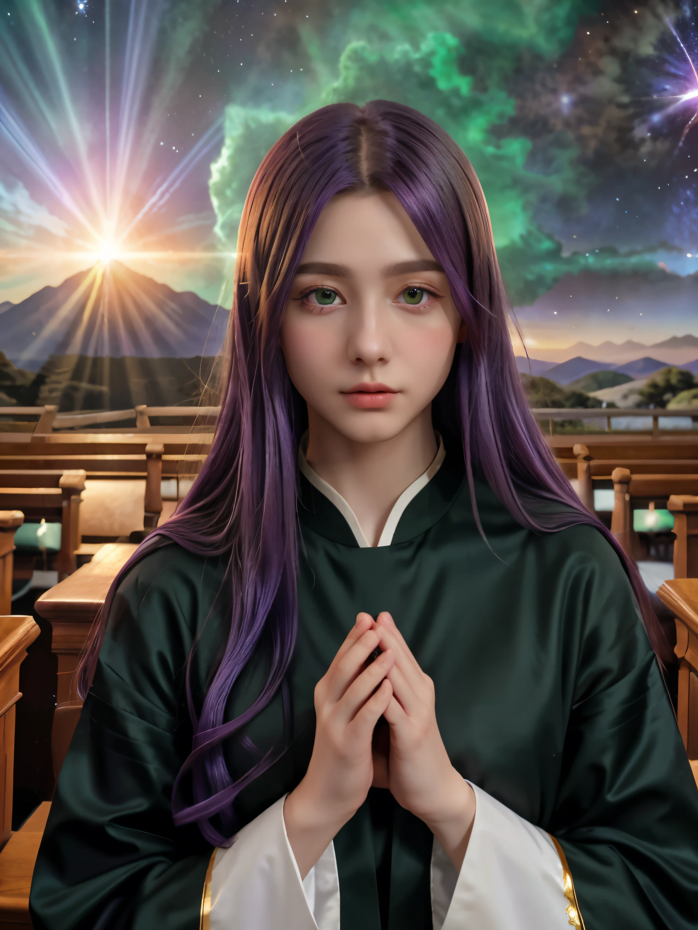 (8k), (highest quality), (best details)purple hair、green eyes、Wearing a cassock, he joins his hands in prayer to God、church、Long long long hair、Beautiful French woman、supernova explosion、Volcanic eruptions、catastrophe、dawn、sunrise、Gamma-ray burst、big earthquake、Disaster