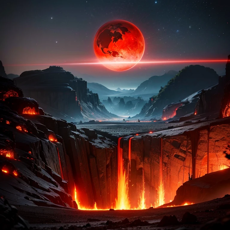 cybernetic earth with a red light inside, mechanized earth crust, the earth sprouts lava, earth's red mantle is visible, hollow earth, vtm, canyons and ridges all across earth, the whole world is on fire ablaze