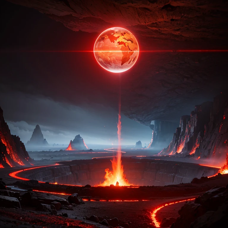 cybernetic earth with a red light inside, mechanized earth crust, the earth sprouts lava, earth's red mantle is visible, hollow earth, vtm, canyons and ridges all across earth, the whole world is on fire ablaze
