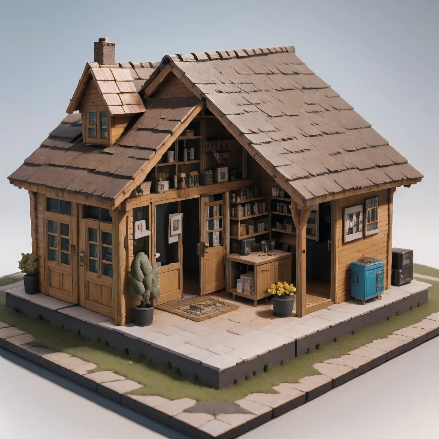 there is a small model of a small house with a roof, diorama model, highly detailed sculpey diorama, surreal sci fi set design, highly detailed diorama, diorama, detailed scene, eeri, miniature model, backside of scenography elements, by Lee Loughridge, by Brigette Barrager, diorama picture, witch hut with a couch and a tv, stylized 3d render, adventure hyper realistic render, daily render, hyper detailed 3 d render, highly detailed diorama, hyper detailed 3d render, extreme render, highly detailed 3 d render, highly detailed 3d render, super detailed render, very detailed render, 3 d videogame render,stylized 3d render, 3 d render stylized, cute 3 d render, hyper detailed 3 d render, hyper detailed 3d render, daily render, stylized as a 3d render, very detailed render, 3 d stylize scene, super detailed render, fully detailed render, highly detailed 3d render