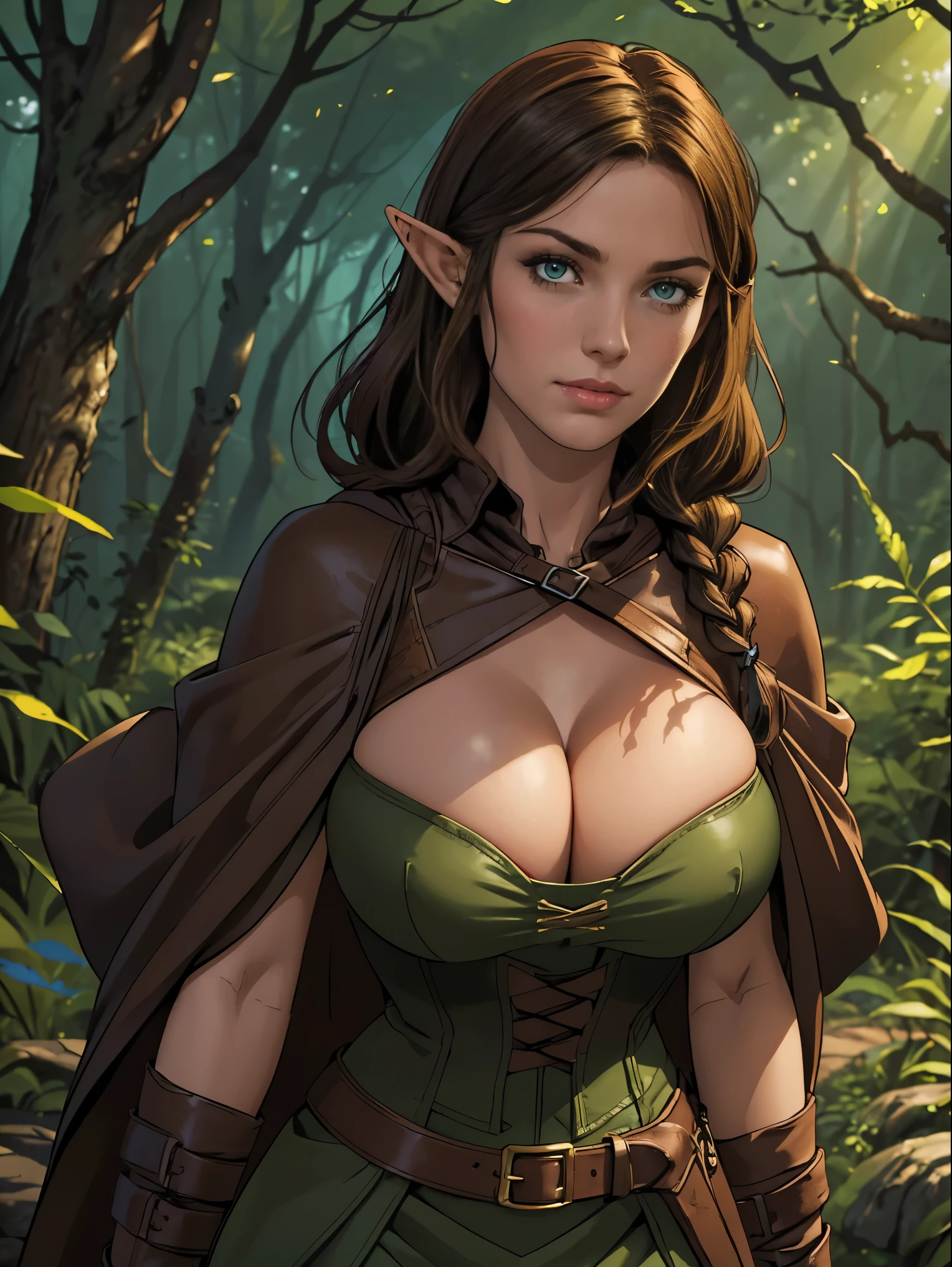 (masterpiece, top quality, best quality, official art, beautiful and aesthetic:1.2), (1girl:1.3), dark brown hair in a single braid, extremely detailed, portrait, looking at viewer, solo, (full body:0.6), detailed background, close up, cat eyes, (warm summer forest theme:1.1), (elf) ranger, charlatan, smirk, mysterious, running in forest, revealing ranger attire, brown leather, cowl, cloak, corset, long boots, buckles, straps, pouches, bow and arrow, green fabric, brown leather, ((((gigantic breasts, cleavage, skindentation)))), slim waist, slim hips, long legs, medieval (forest exterior:1.1) background, dark mysterious lighting, shadows, magical atmosphere, dutch angle,
