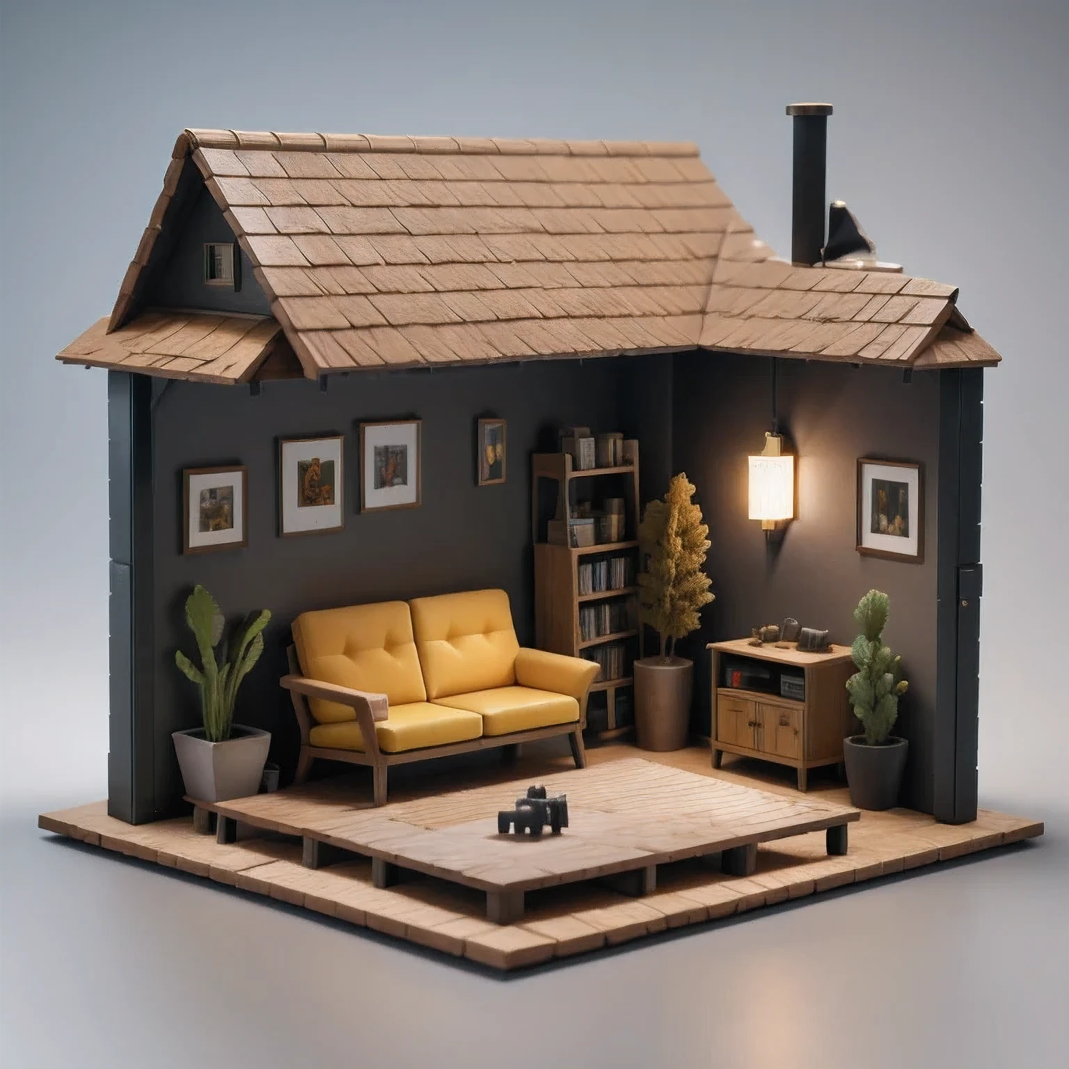 there is a small model of a small house with a roof, diorama model, highly detailed sculpey diorama, surreal sci fi set design, highly detailed diorama, diorama, detailed scene, eeri, miniature model, backside of scenography elements, by Lee Loughridge, by Brigette Barrager, diorama picture, witch hut with a couch and a tv, stylized 3d render, adventure hyper realistic render, daily render, hyper detailed 3 d render, highly detailed diorama, hyper detailed 3d render, extreme render, highly detailed 3 d render, highly detailed 3d render, super detailed render, very detailed render, 3 d videogame render，stylized 3d render, 3 d render stylized, cute 3 d render, hyper detailed 3 d render, hyper detailed 3d render, daily render, stylized as a 3d render, very detailed render, 3 d stylize scene, super detailed render, fully detailed render, highly detailed 3d render