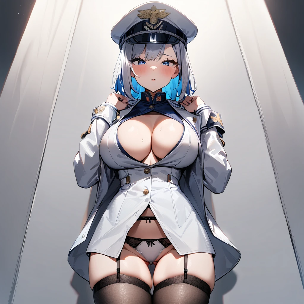 1 girl,Solo,standing,between thighs,masterpiece best quality,very aesthetic,absurdres,two-tone hair,medium bangs,big breast,crotch,silver and blue,Bluish silver,military hat,White jacket,jacket,sleeve,miniskirt,front view,garter belt,(crotch open),panties