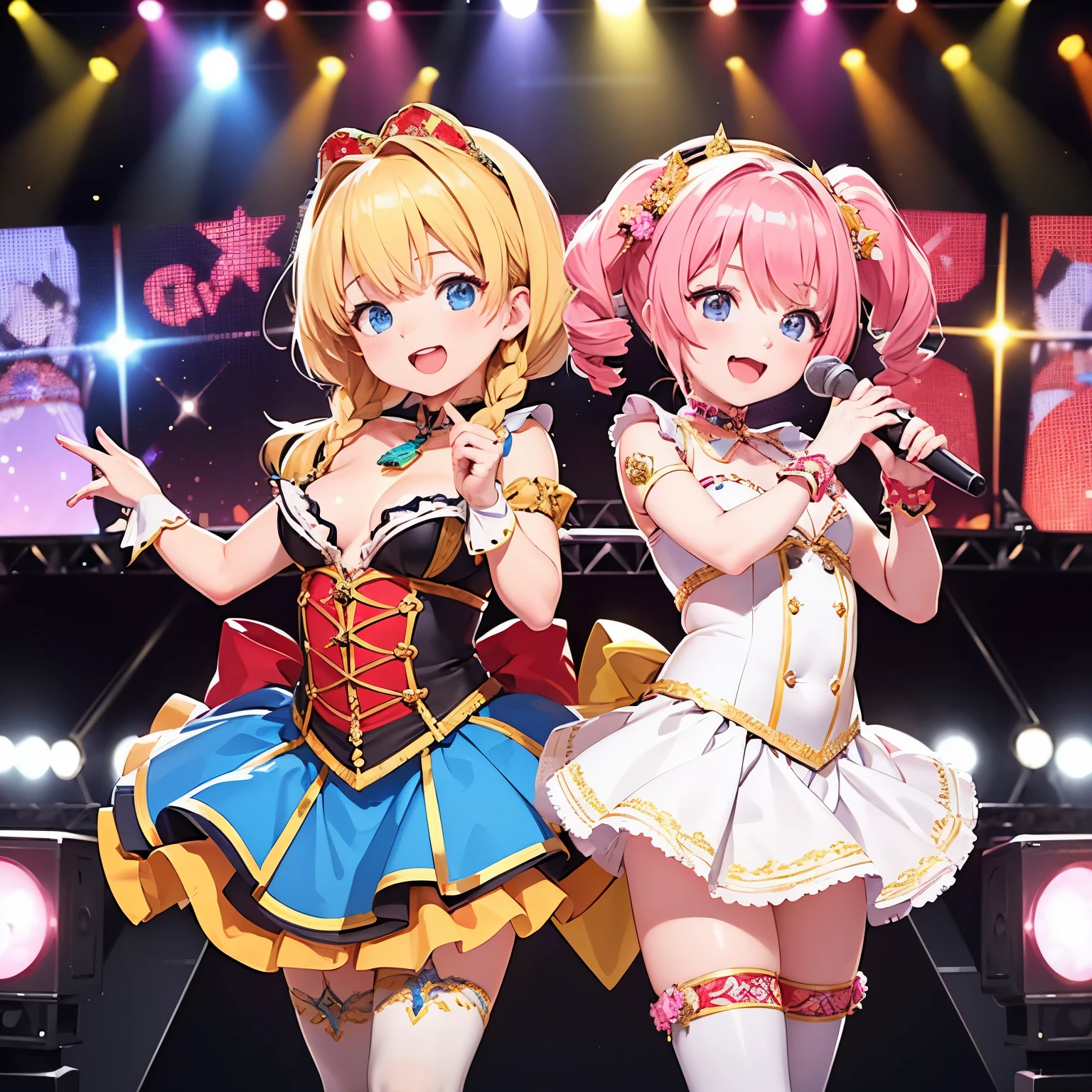 high details, high quality, high-definition32K, Idol Stage.Two Women,18-year-old,Beautiful breasts,Colorful light,Spotlight,microphone,music,performance,Gorgeous,Energetic,pop,cute,Costume,Live feeling,audience,confidence,