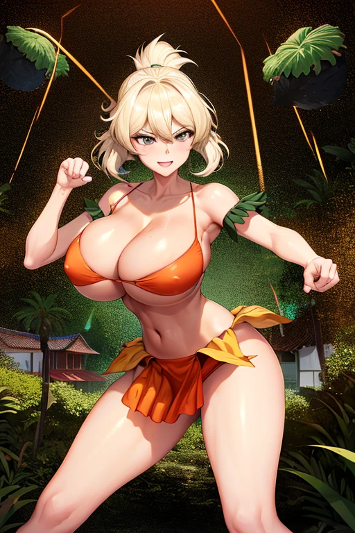 masterpiece, best quality, beautiful art, high resolution, well formed hands, body and fingers, 1 woman, solo, Kate Upton, adult, grown up, big breasted, cleavage, full body, hair ornament, gorgeous legs and thighs, smile, wearing a Mii outfit, sexy and skimpy jungle bikini, pelvic curtain, she is fighting in a combat match at a martial arts tournament, she is getting ready to fight, making her guard pose, action and fighting scene, about to hit the viewer, looking at the viewer, sweating , feeling confident and proud, smiling joyfully and happily, charming her opponent with her beauty, winking at the viewer, fighting scene, martial arts tournament on the beach