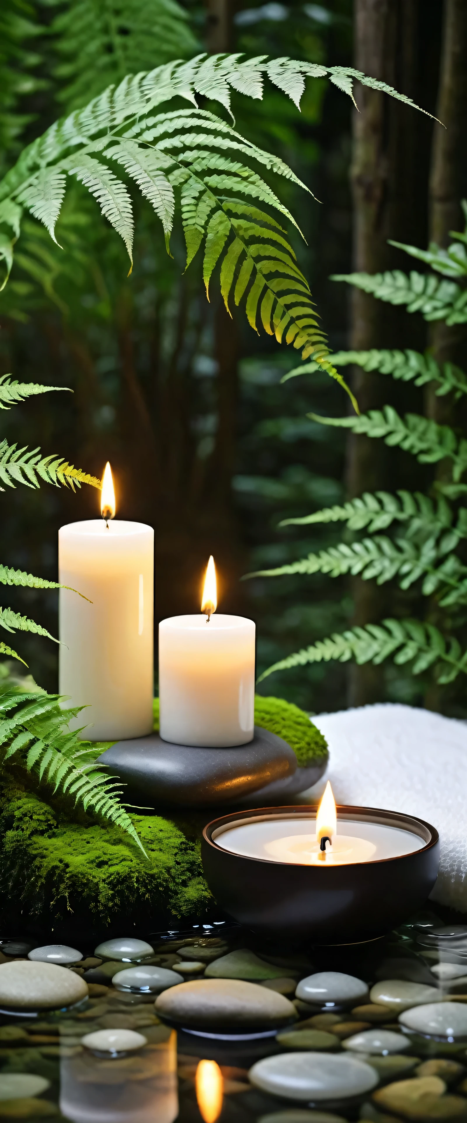 A minimalist Japanese style scene,There is a gurgling stream.Stone platform covered with ferns located deep in the tranquil forest bokeh background、Light two scented candles,The scene includes soft lighting、Flat lay roses、White silk scarf、SPA energy crystals of various colors、Exquisite transparent SPA essential oil in glass bottle,and gentle candlelight,Create a fresh、Bright、Relaxing and comfortable atmosphere,Evoking a sense of tranquility and simplicity。A peaceful aura or meditative state has a warm and pure atmosphere