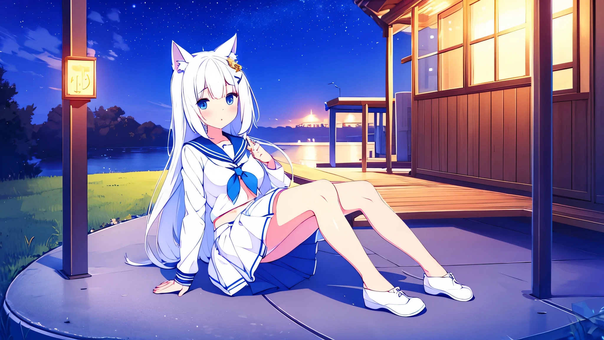 1 great quality 4k beautiful girl blue eyes white hair  sailor short skirt  navy white with blue cat ears in yard with a starry dusk background full body