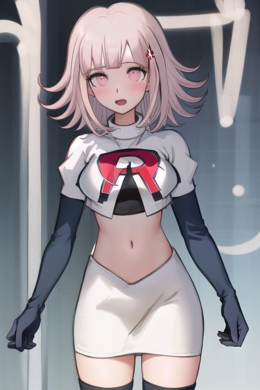 1girl, solo,Chiaki, hair ornament, hairclip, breasts,light pink hair, medium hair, cowboy shot, blushes, (perfect hands), team rocket,team rocket uniform,white skirt,red letter R,crop top,black thigh-highs,black elbow gloves
